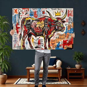 Texas Bull Wall Art Canvas Print, Abstract Graffiti Bull