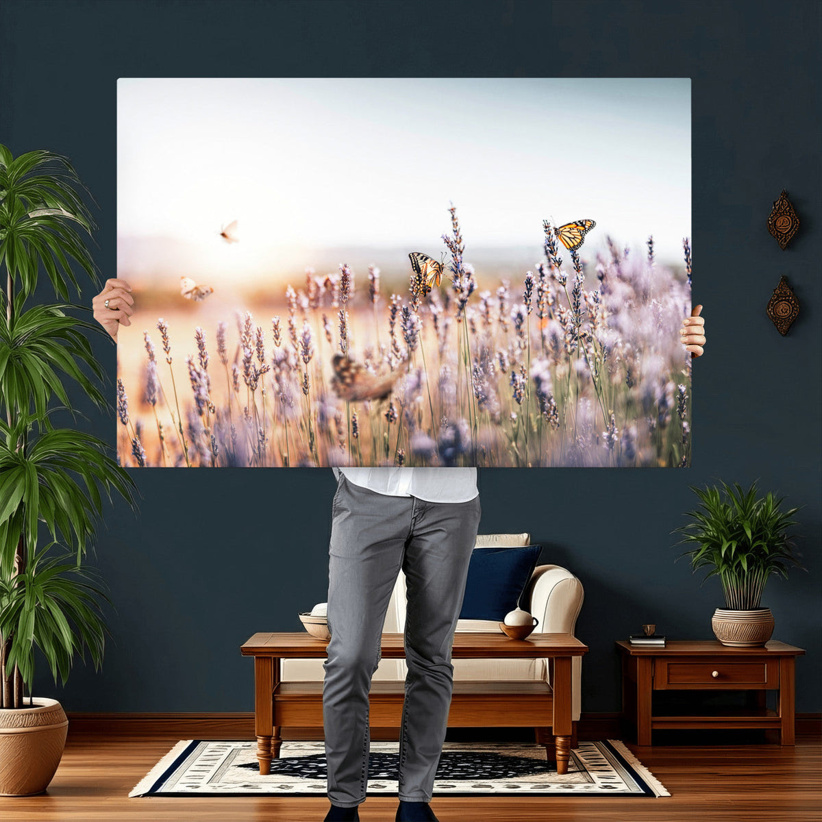 Lavender Field Wall Art Canvas Print, Butterfly Floral
