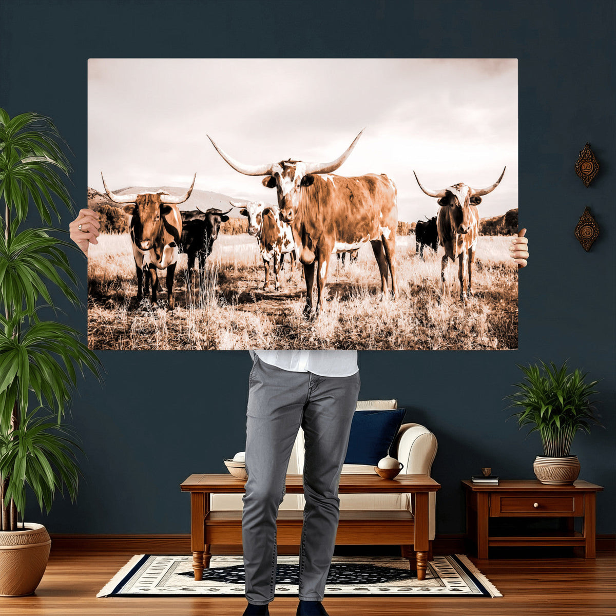 Texas Longhorn Cattle Wall Art Canvas Print, Sepia Western