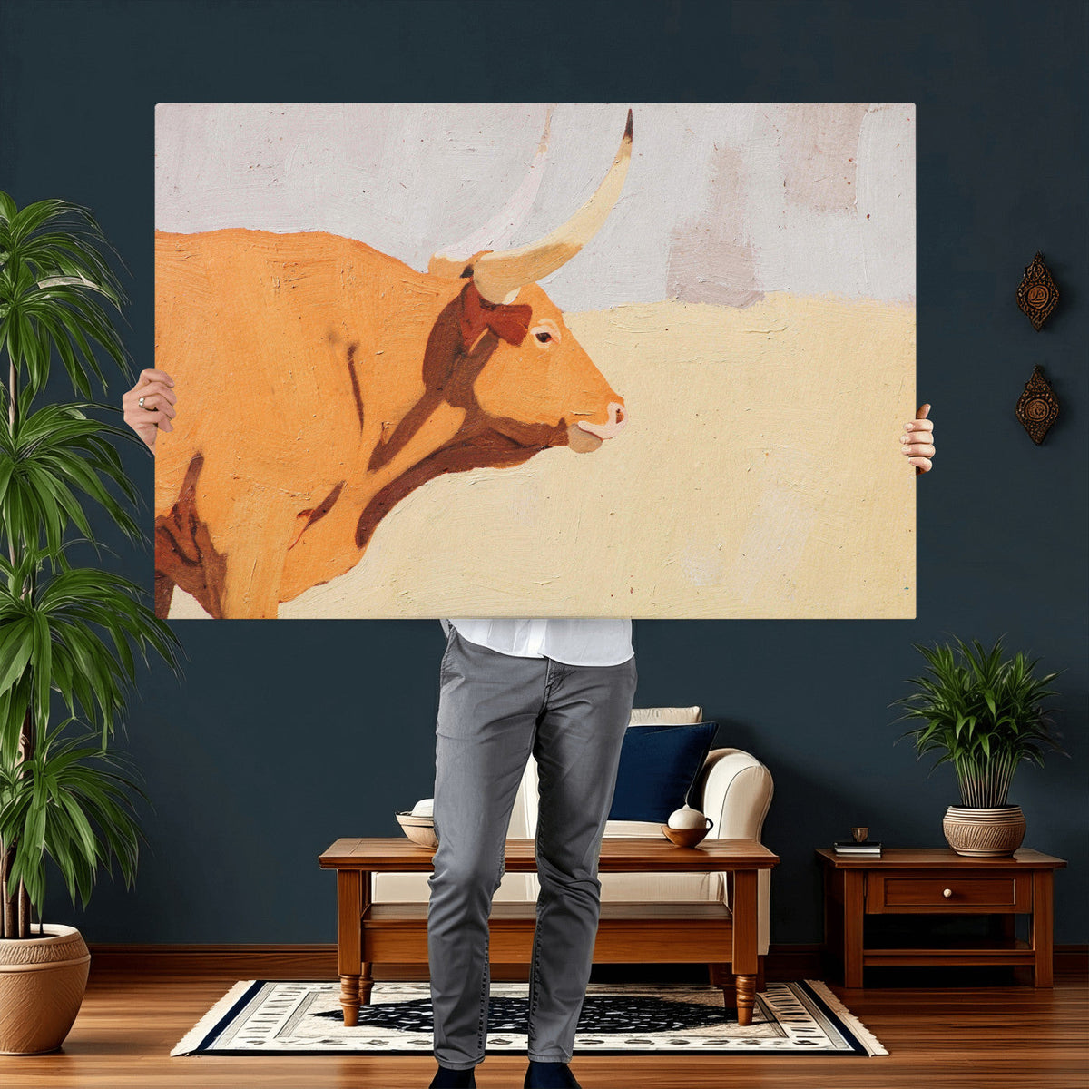 Minimal Longhorn Bull Wall Art Canvas Print, Neutral Western