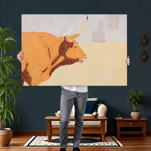 Minimal Longhorn Bull Wall Art Canvas Print, Neutral Western