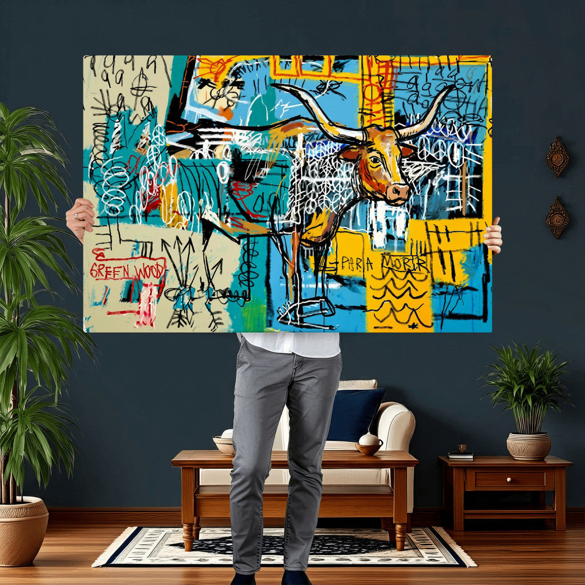 Basquiat Style Bird Bull Graffiti Wall Art Canvas Print,