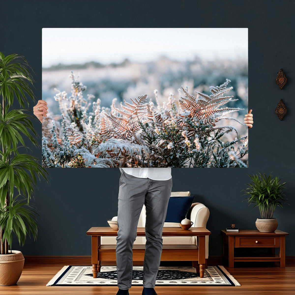 Frosted Fern Wall Art Canvas Print, Soft Winter Botanical