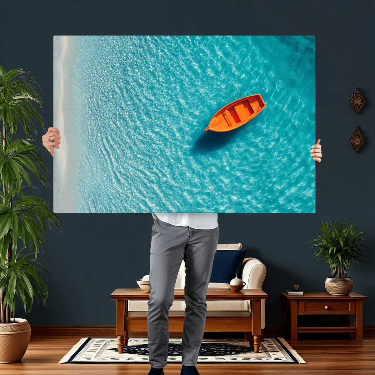 Minimalist Boat Wall Art Canvas Print, Aerial Sea Landscape