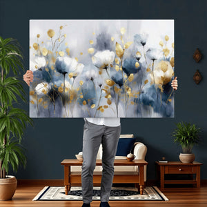 Large Abstract Flowers Wall Art Canvas Print – Gold and Blue