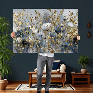 Abstract Floral Wall Art Canvas Print – Gold and Blue