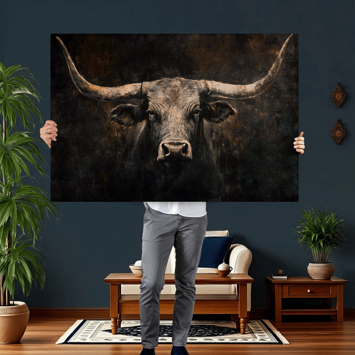 Vintage Longhorn Bull Wall Art Canvas Print – Rustic Western