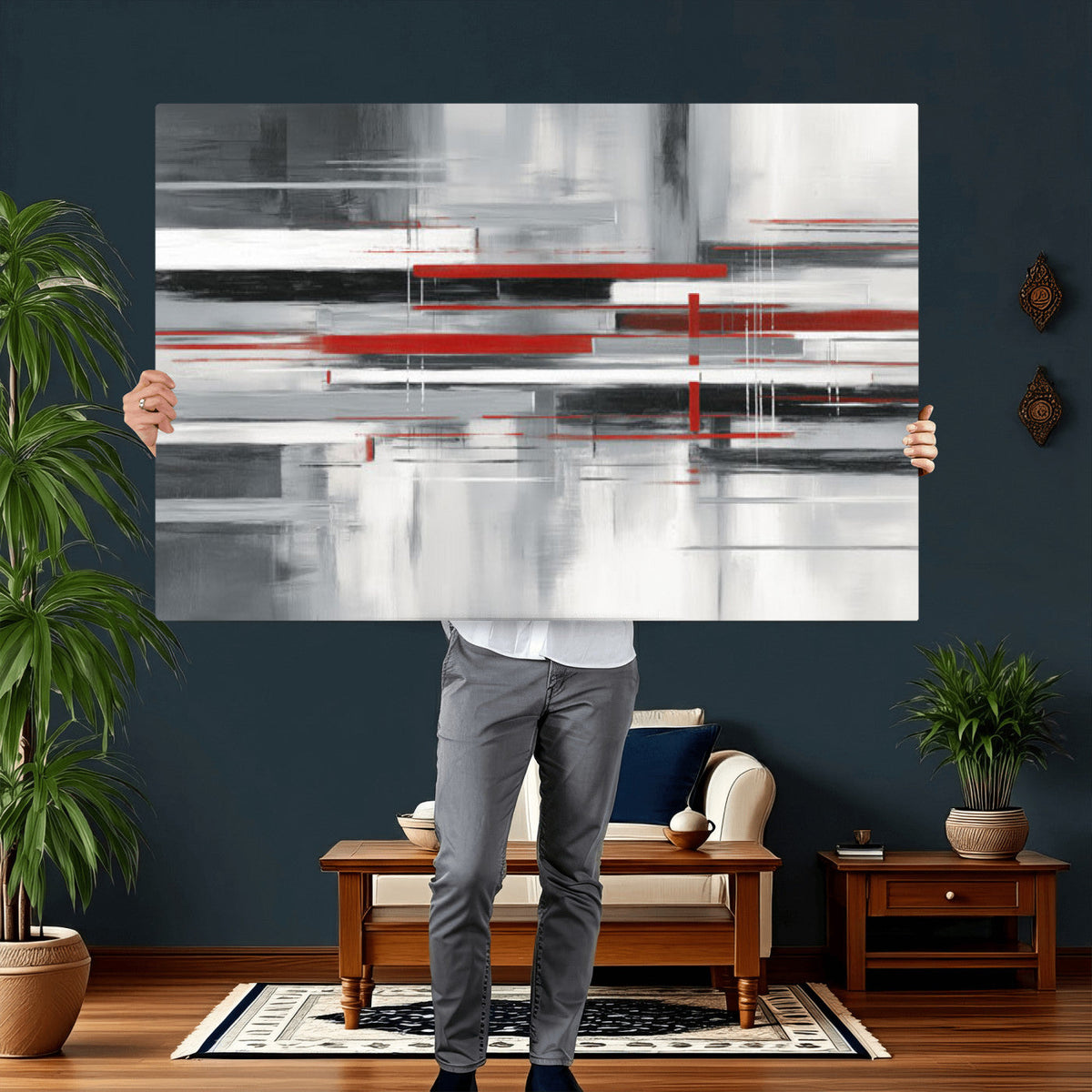 Gray Red Abstract Wall Art Canvas Print, Modern Abstract