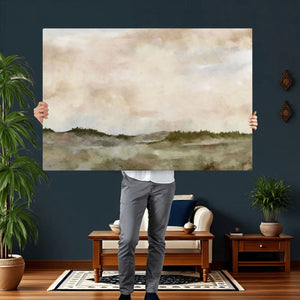 Muted Watercolor Hill Landscape Print — Beige Taupe Cloudy