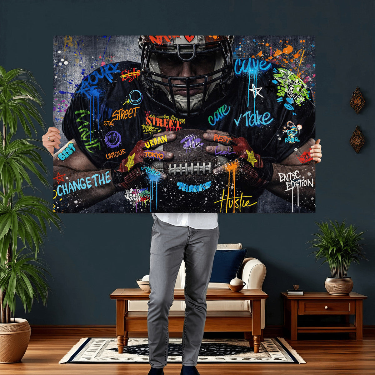 Graffiti American Football Player Street Art Wall Art Canvas