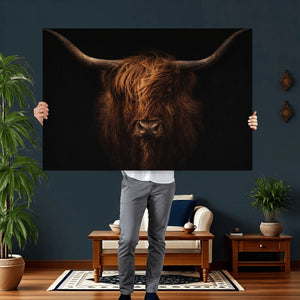 Highland Cow Wall Art Canvas Print – Moody Dark Rustic