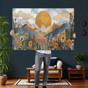 Boho Mountain Landscape Large Wall Art, Horizontal Gold