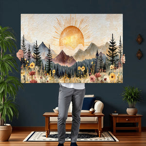 Boho Mountain Landscape Large Wall Art, Horizontal Gold