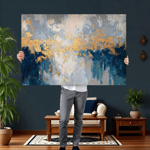 Blue Gold Abstract Large Framed Canvas Wall Art, Modern