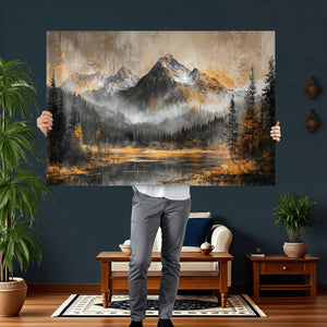 Mountain Lake Canvas Wall Art — Rustic Forest Landscape