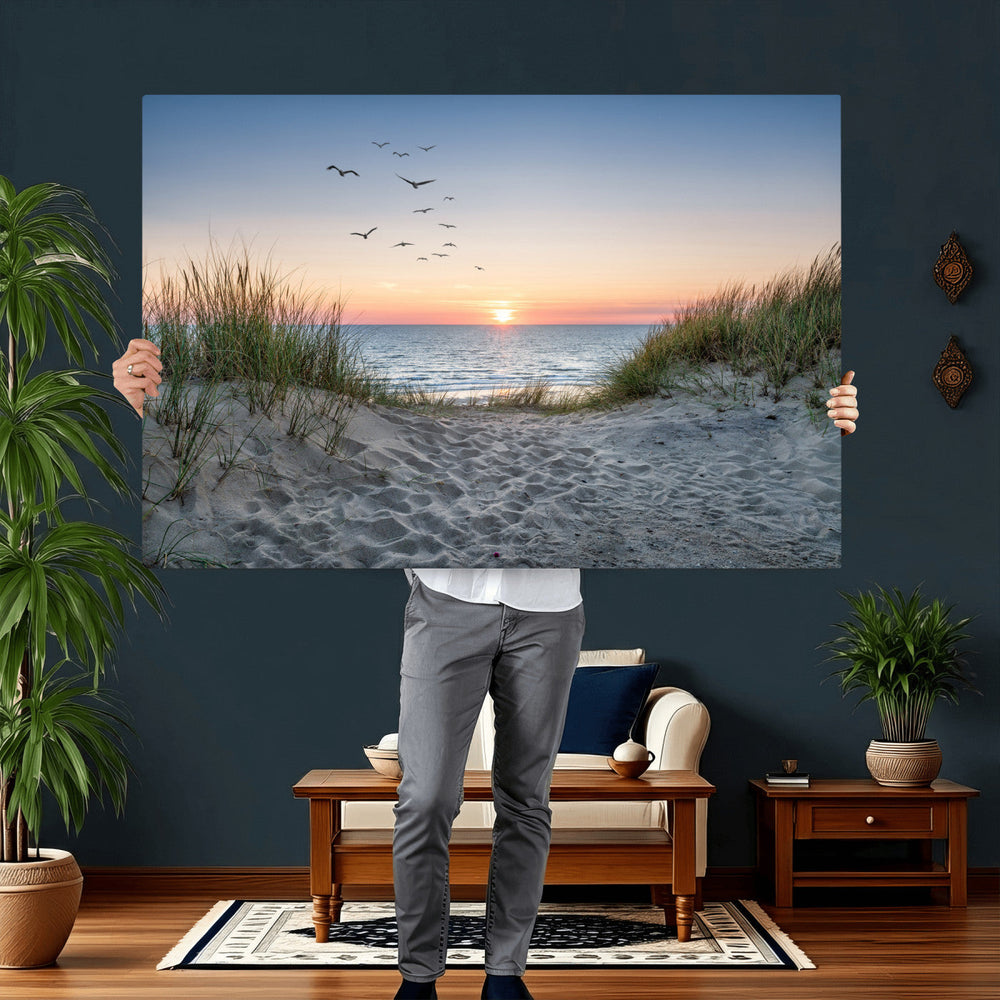 Sandy Dune Path Sunset Canvas Wall Art — Seagulls Beach