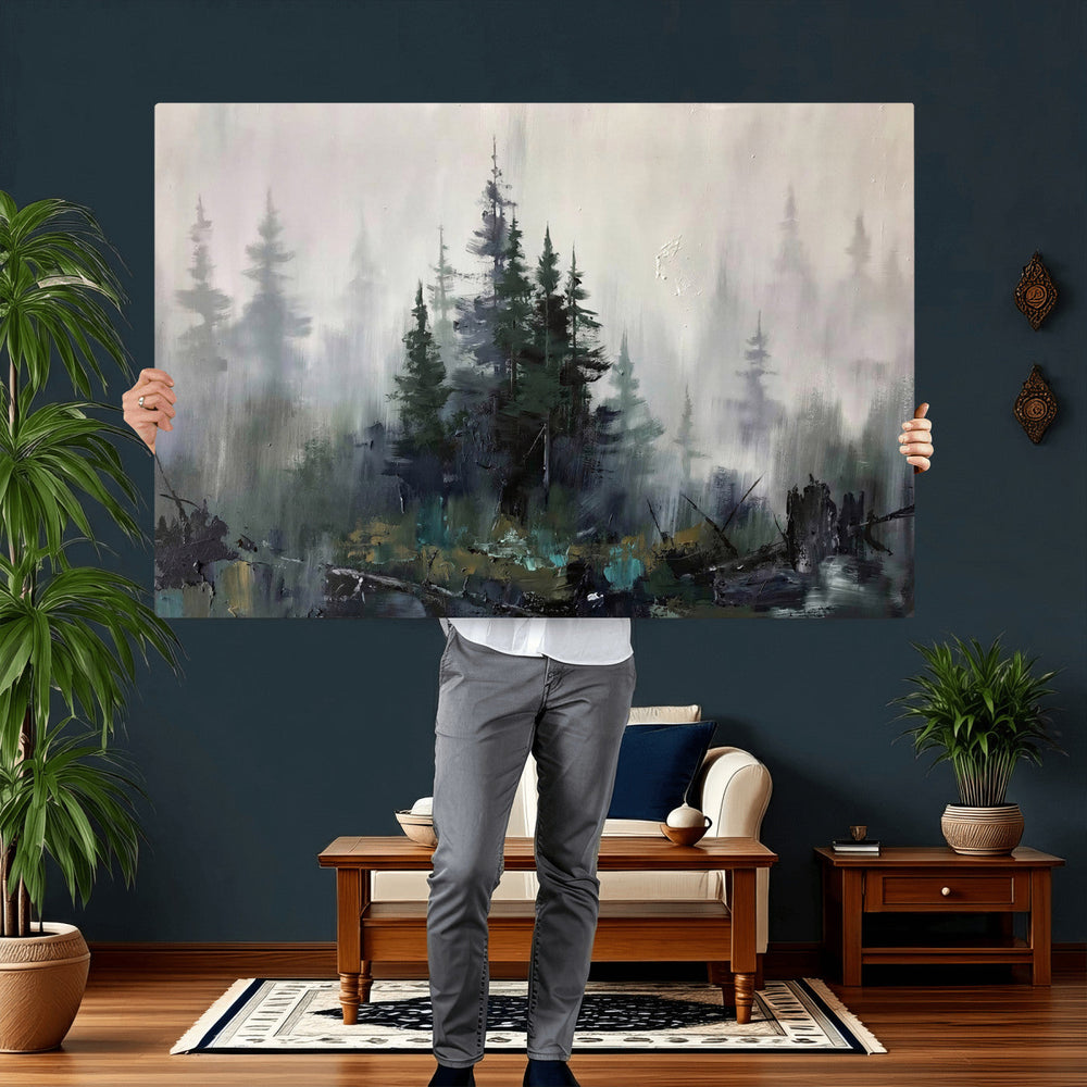 Misty Pine Forest Oil Painting Canvas — Dark Moody Teal Grey