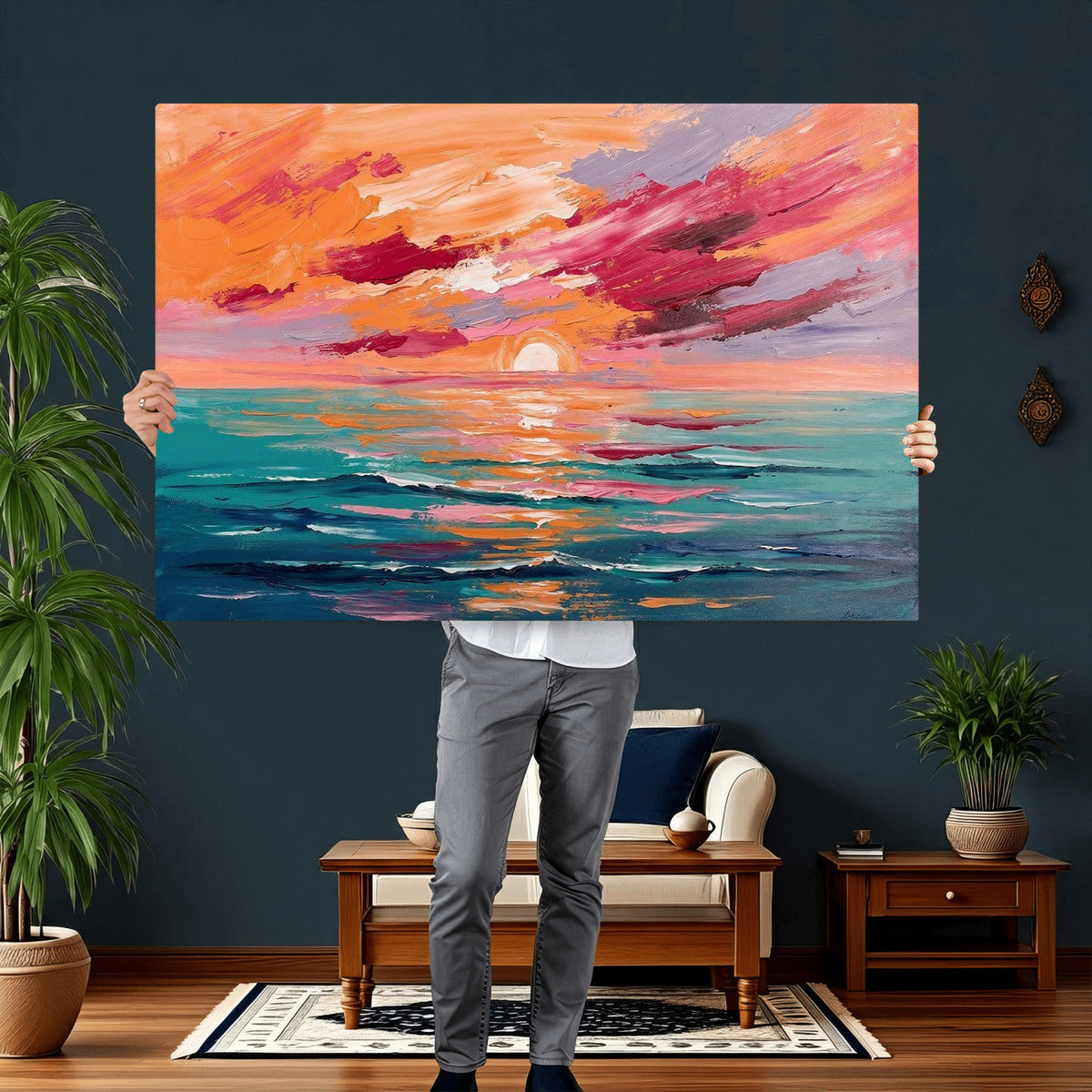 Bold Palette Knife Ocean Sunset Canvas — Orange Pink Teal