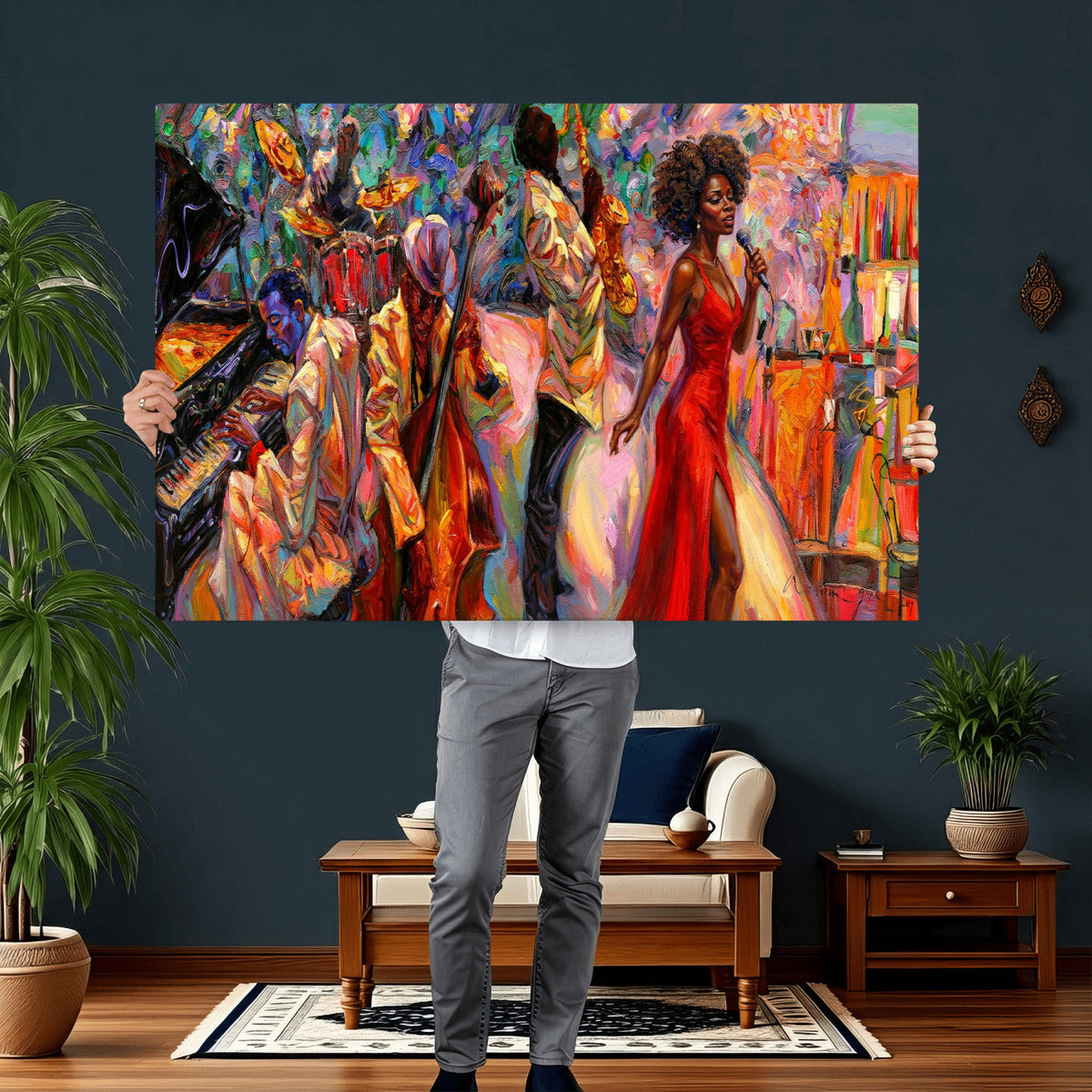 African American Jazz Singer Canvas Art — Red Dress Black