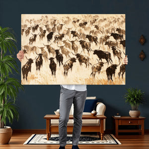 Texas Longhorn Sepia Canvas Wall Art, Western Cattle