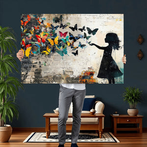 Banksy Butterfly Girl Wall Art Canvas Print, Framed Street