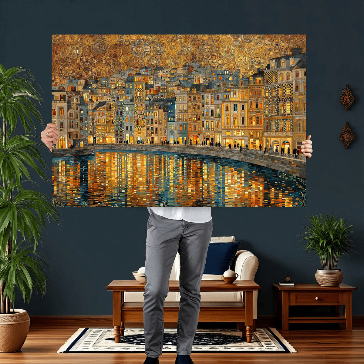 Gustav Klimt Golden Cityscape Wall Art Canvas Print, Framed