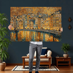 Gustav Klimt Golden Cityscape Wall Art Canvas Print, Framed