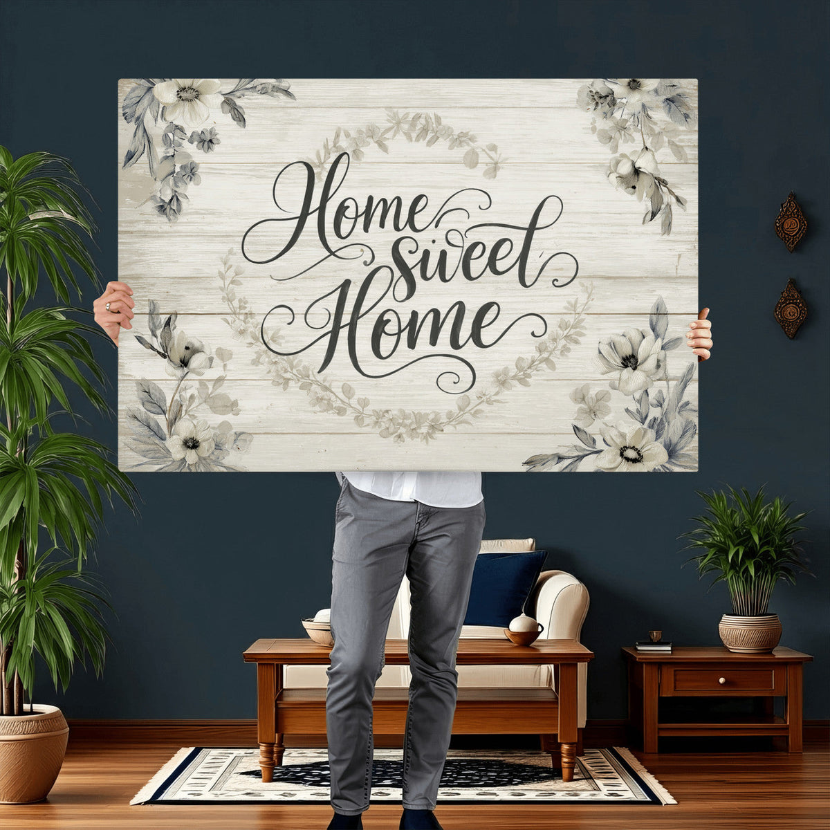 Home Sweet Home Wall Art Canvas Print, Floral Farmhouse