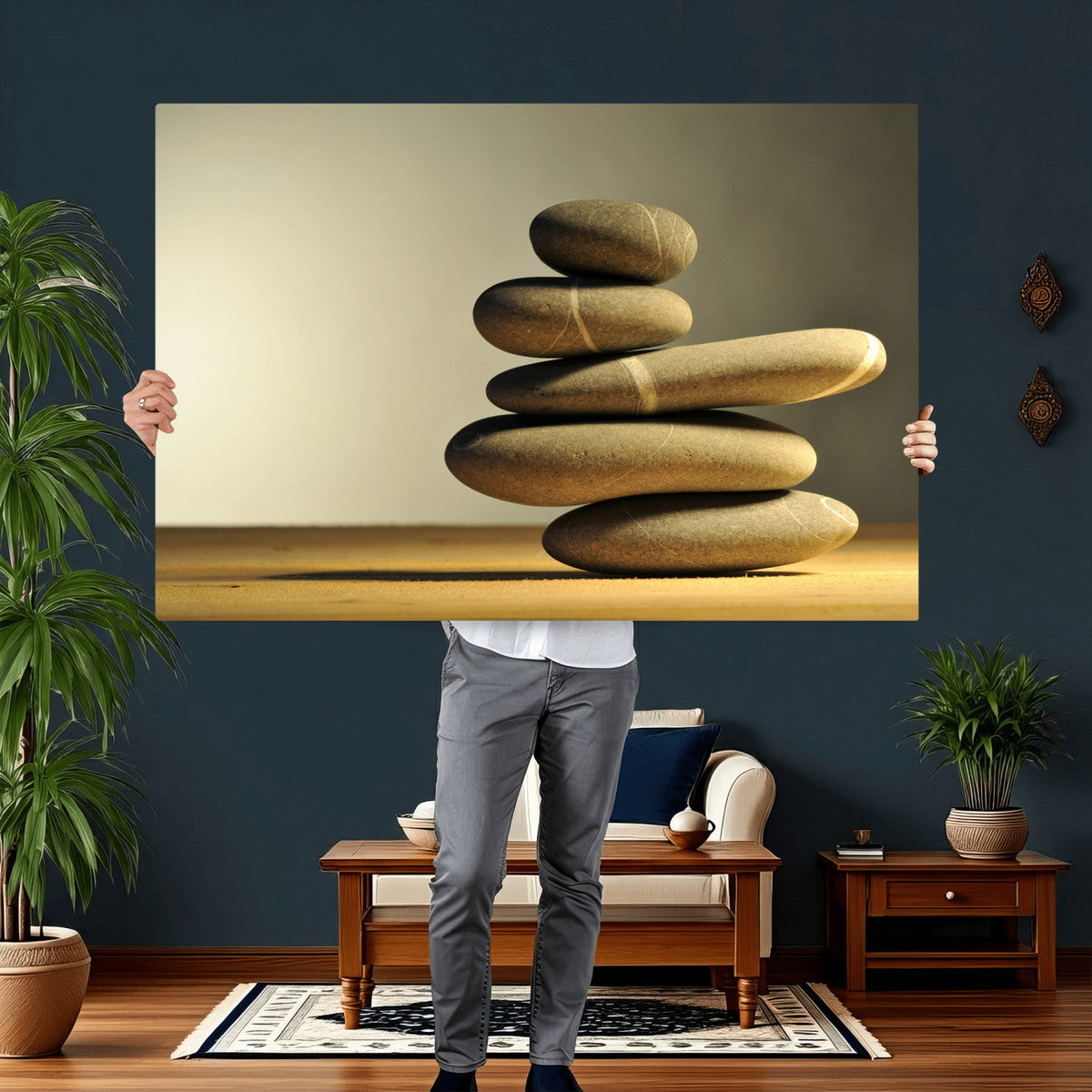 Zen Stone Wall Art Canvas Print, Balanced Rock Stack Framed