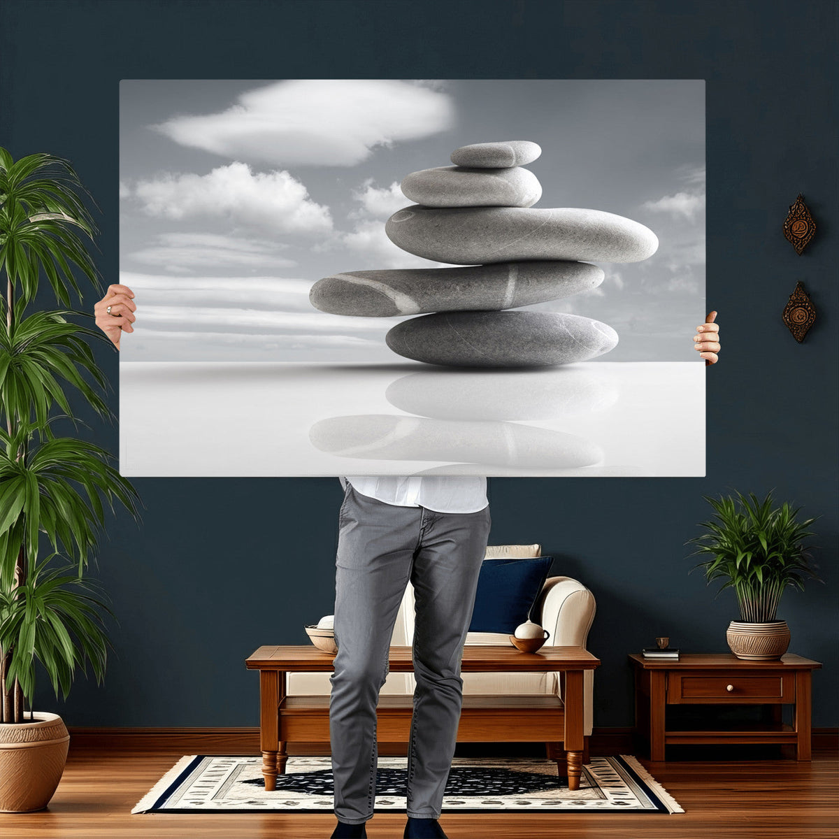 Zen Stone Wall Art Canvas Print, Balanced Rock Stack Framed