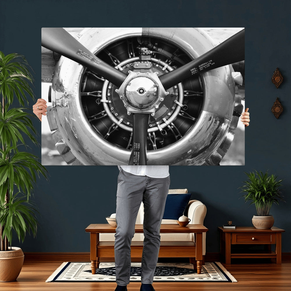 Vintage Propeller Plane Wall Art Canvas Print, Black and