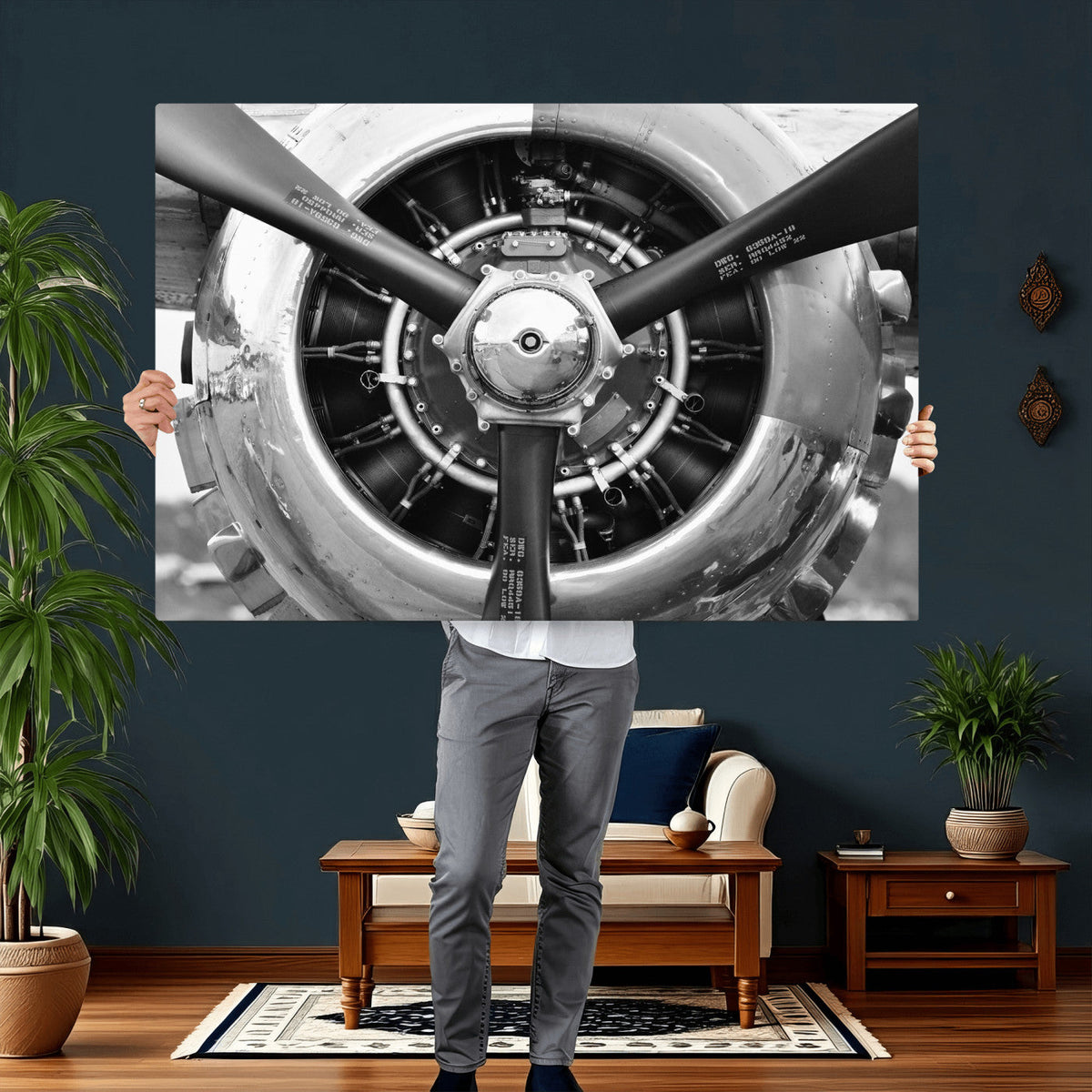 Vintage Propeller Plane Wall Art Canvas Print, Black and