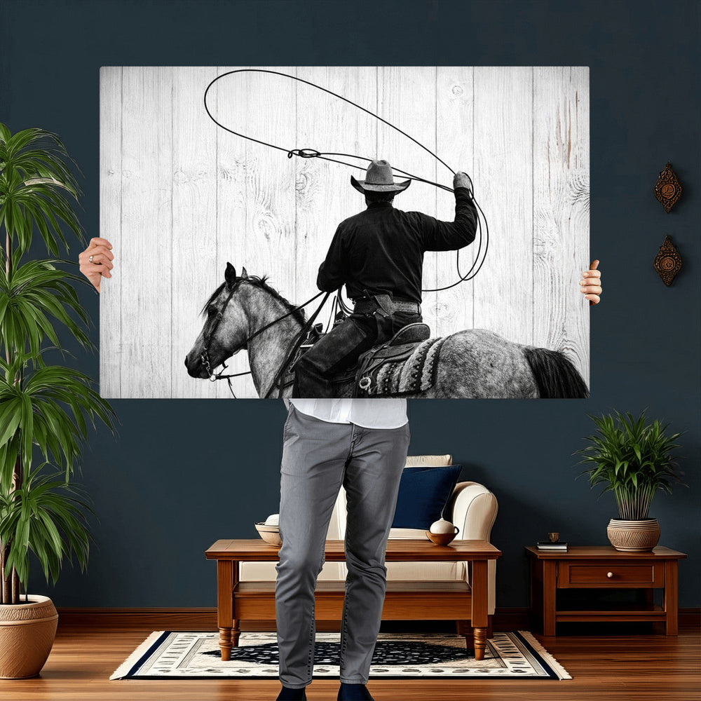Cowboy Lasso Canvas Wall Art, Black White Western Horse
