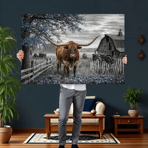 Texas Longhorn Canvas Wall Art, Rustic Farm Barn Bluebonnet