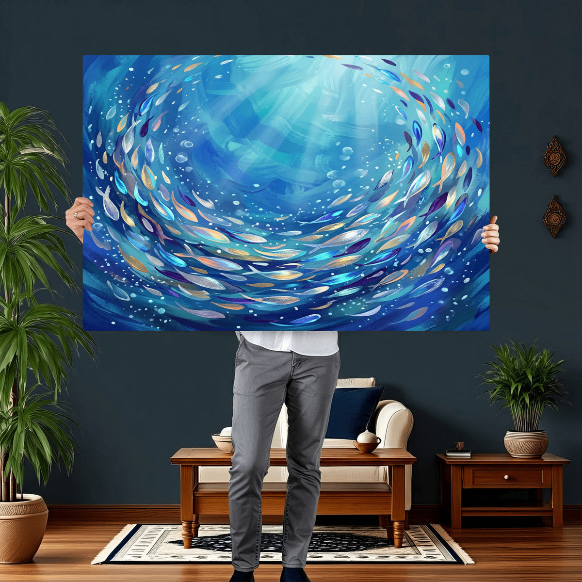School of Fish Canvas Print | Blue Ocean Underwater Wall Art