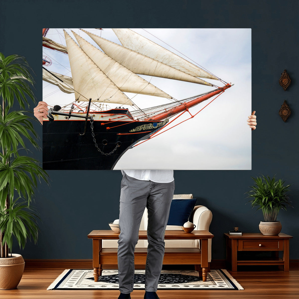Sailboat Wall Art Canvas Print, Vintage Ship Bow Framed
