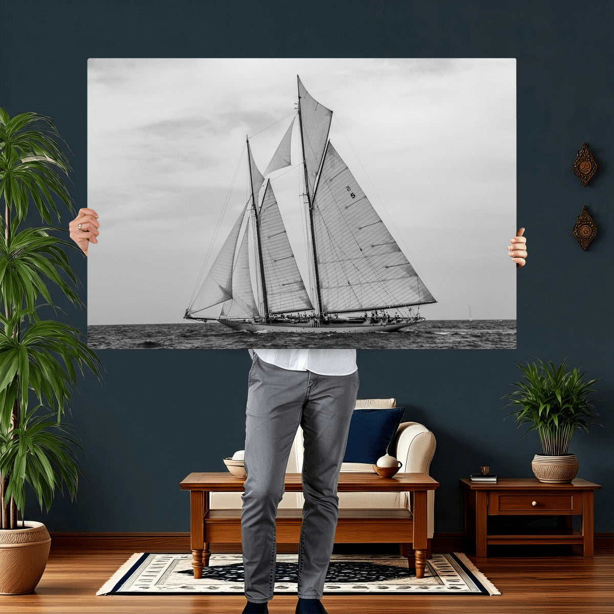 Vintage Sailboat Wall Art Canvas Print, Black and White