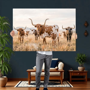 Texas Longhorn Canvas Wall Art, Rustic Farm Animal Photography Print, Farmhouse Country Decor, Western Ranch Art