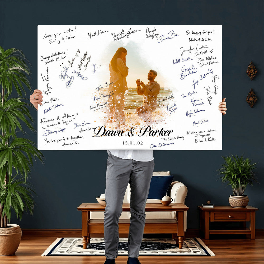 Wedding Guest Book Alternative Wall Art Canvas Print, Personalized Wedding Signature Poster, Custom Couple Photo Guestbook Canvas, Bridal Shower Reception Decor