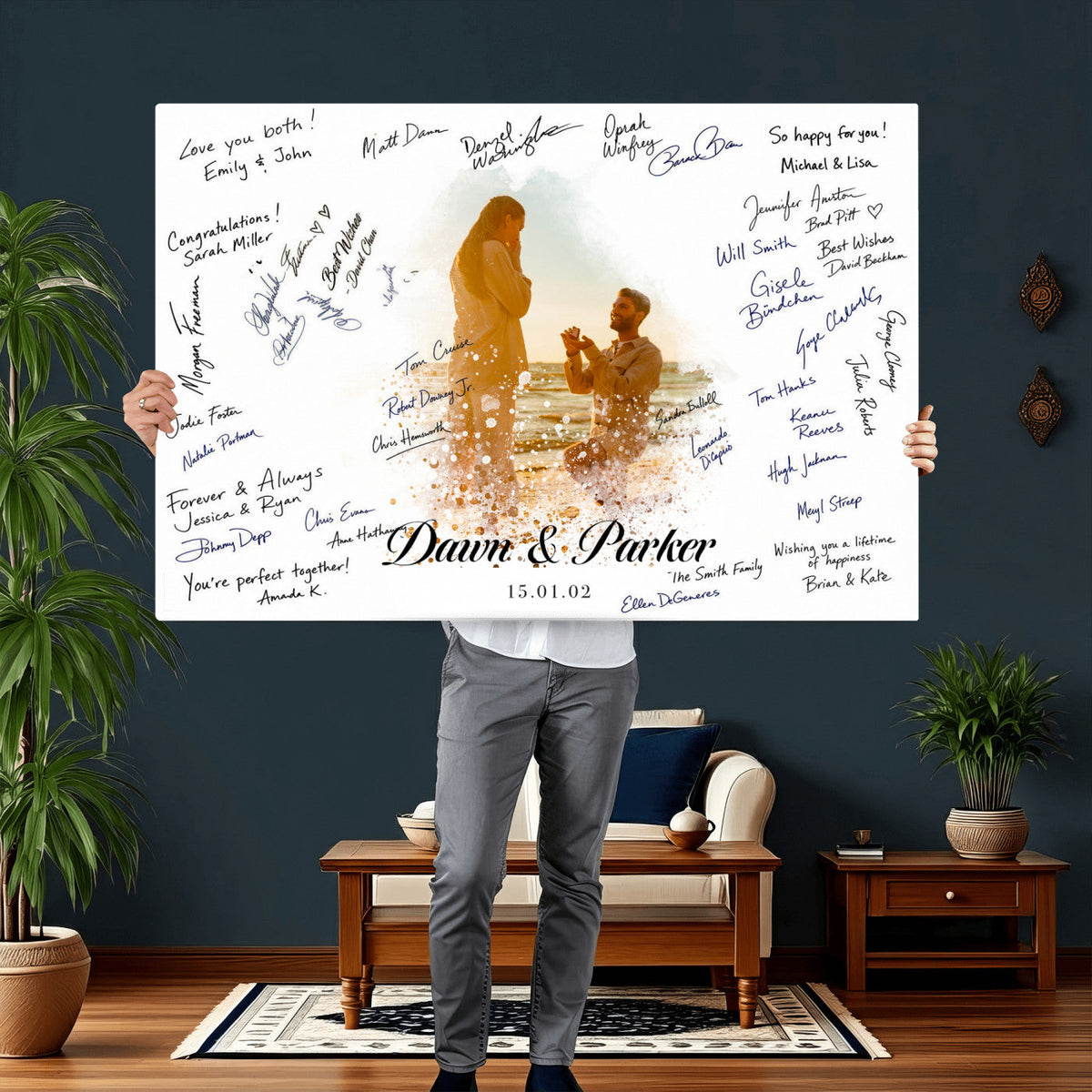 Wedding Guest Book Alternative Wall Art Canvas Print, Personalized Wedding Signature Poster, Custom Couple Photo Guestbook Canvas, Bridal Shower Reception Decor