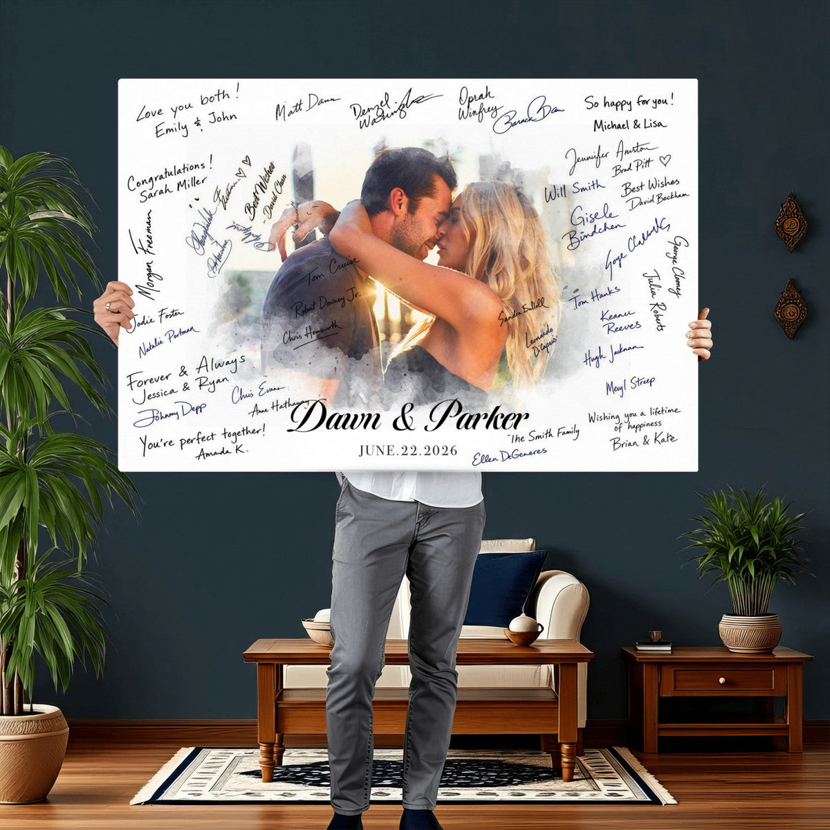 Wedding Guest Book Alternative Wall Art Canvas Print, Personalized Wedding Signature Poster, Custom Couple Photo Guestbook Canvas, Bridal Shower Reception Decor