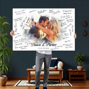 Wedding Guest Book Alternative Wall Art Canvas Print, Personalized Wedding Signature Poster, Custom Couple Photo Guestbook Canvas, Bridal Shower Reception Decor