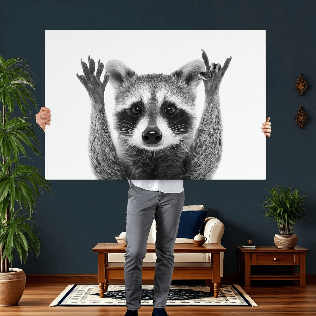 Funny Raccoon Canvas Wall Art, Black White Hands Up Animal Photo Print, Humorous Wildlife Decor, Kids Room Nursery Art, Quirky Animal Gift