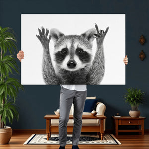 Funny Raccoon Canvas Wall Art, Black White Hands Up Animal Photo Print, Humorous Wildlife Decor, Kids Room Nursery Art, Quirky Animal Gift