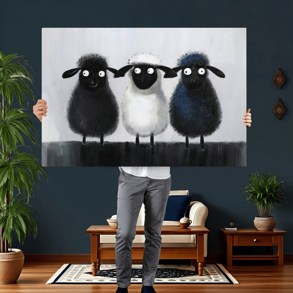 Funny Sheep Canvas Wall Art, Three Quirky Sheep Painting Print, Cute Animal Nursery Decor, Black White Navy Farmhouse Art, Kids Room Gift