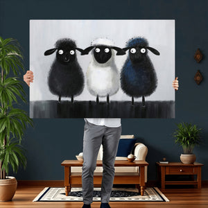 Funny Sheep Canvas Wall Art, Three Quirky Sheep Painting Print, Cute Animal Nursery Decor, Black White Navy Farmhouse Art, Kids Room Gift