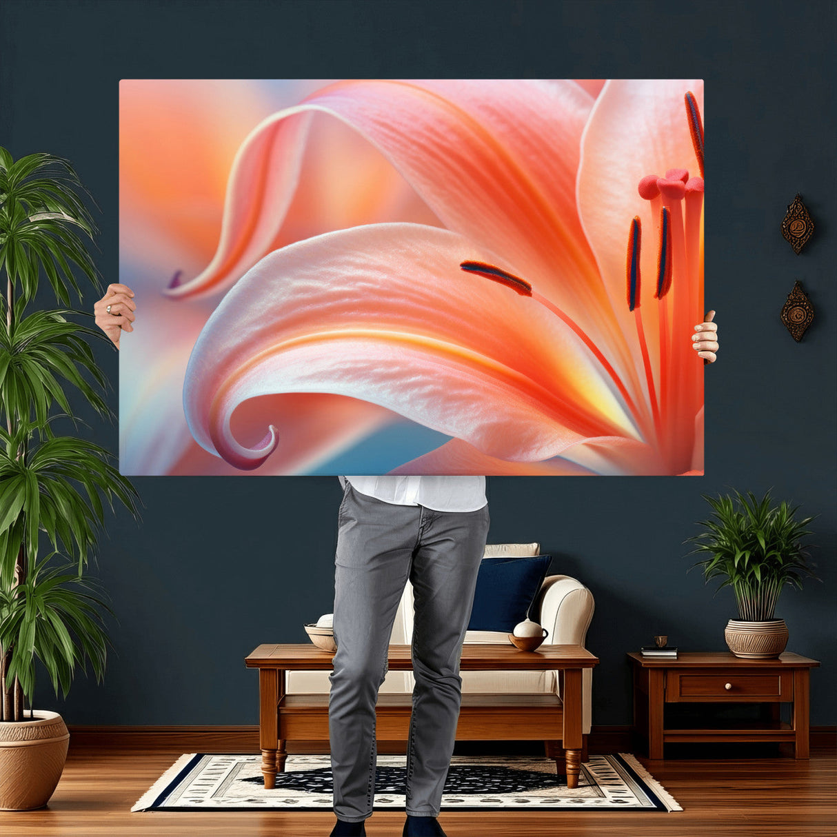 Peach Lily Canvas Wall Art, Coral Pink Flower Macro Photo Print, Botanical Bedroom Decor, Soft Floral Photography, Living Room Wall Art
