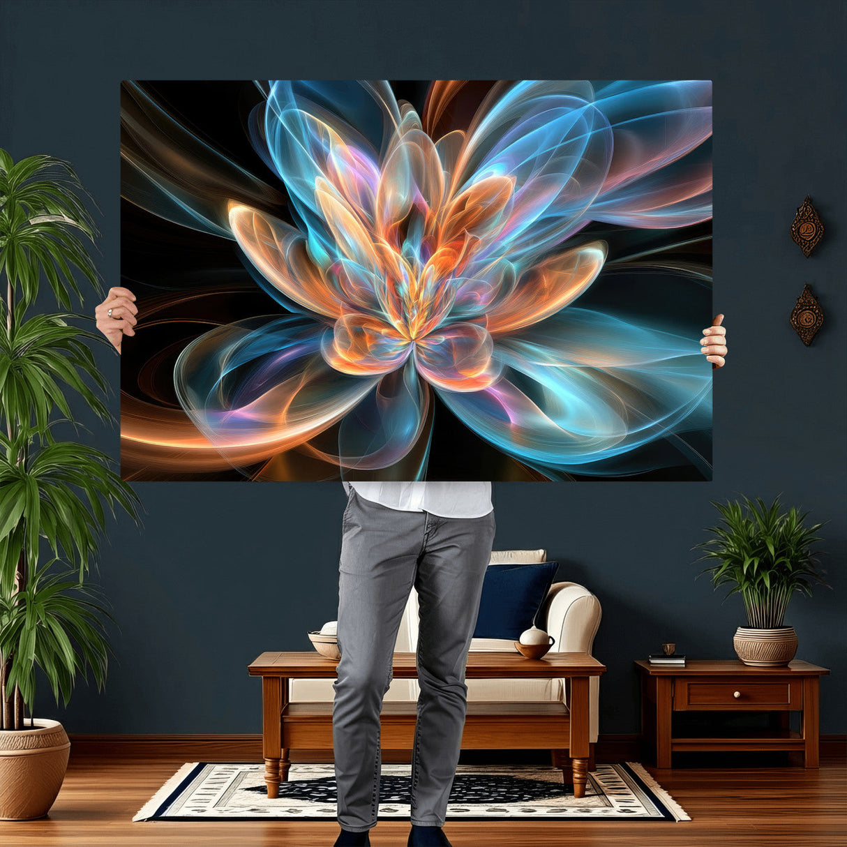 Fractal Lotus Canvas Wall Art, Blue Orange Glowing Flower Abstract Print, Modern Zen Meditation Room Decor, Ethereal Digital Art, Living Room
