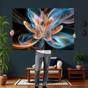 Fractal Lotus Canvas Wall Art, Blue Orange Glowing Flower Abstract Print, Modern Zen Meditation Room Decor, Ethereal Digital Art, Living Room