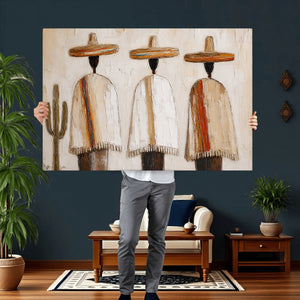 Mexican Wall Art Canvas Print, Southwestern Sombrero Poncho Painting, Neutral Earthy Boho Decor, Fiesta Living Room Art, Impasto Style Print